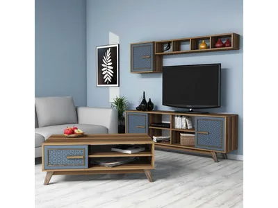 Obrázek produktu pro Skye Decor, Ayla - ořech, modrá, sestava nábytku do obývacího pokoje, ořech, 100 % MELAMÍNOVÁ DESKA, 160 x 35 x 56,2 cm