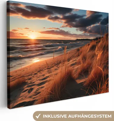 Produktbild von MuchoWow® - Leinwandbilder - Strand - Sonnenuntergang - Dünen - Meer - Hochgras, Wandbild, Wanddeko Bilder Wohnzimmer, 80x60 cm