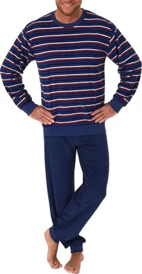 Produktbild von Herren Frottee Pyjama langarm Schlafanzug mit Bündchen in Streifenoptik - 59885 ; marine , 52