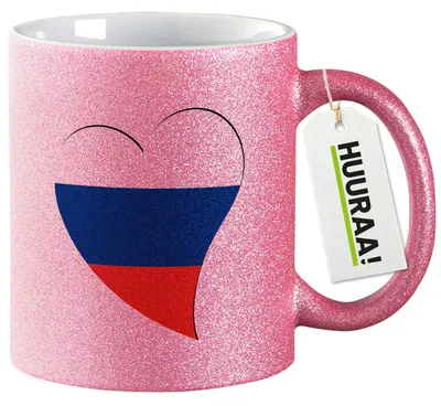 Produktbild von Huuraa Glitzertasse Russland Flagge Herz 330ml Pink Keramik Kaffeebecher Geschenkidee