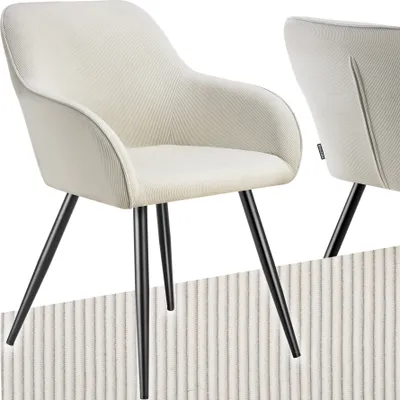 A cream-colored armchair with black legs is shown against a white background.