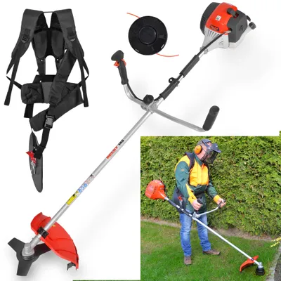 A collage of a string trimmer and its accessories, with an inset image of a person using a string trimmer.