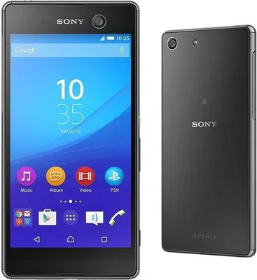 A front and back view of a black Sony Xperia M5 smartphone.