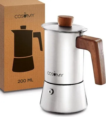 Produktbild von Cosumy Espressokocher aus Edelstahl und nachhaltigem Eichenholz - 4 Tassen - Induktion und alle Herdarten geeignet