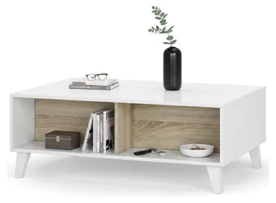 Produktbild von Couchtisch Dgattus, Kaffetisch, Couchtisch für das Wohnzimmer, 100x68h38 cm, Glänzend Weiß und Eiche