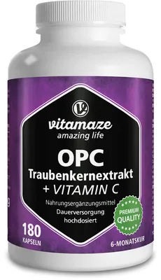 Zdjęcie produktu dla Vitamaze OPC ekstrakt z pestek winogron wysoka dawka + witamina C kapsułki, 180 kapsułek