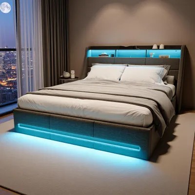 Obrázek produktu pro Šedá čalouněná plynová postel ProximaX 160×200 cm s úložným prostorem, LED osvětlením, světelnými lištami v čele a nohách postele a připojením USB - moderní manželská postel s čelem a úložným prostorem pod postelí