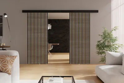Produktbild von Schwebetüren 130 cm Belor Duo - Schiebetür mit Lamellen imitation, Design Zimmertür - Schiebetürsystem (Sonoma Eiche)