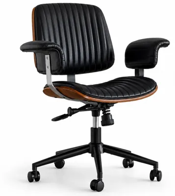 Produktbild von Mid-Century Bürostuhl aus Kunstleder mit gepolsterten Armlehnen, Höhenverstellbar, neigbar, 360° drehbar, belastbar bis 136 kg, Schwarz