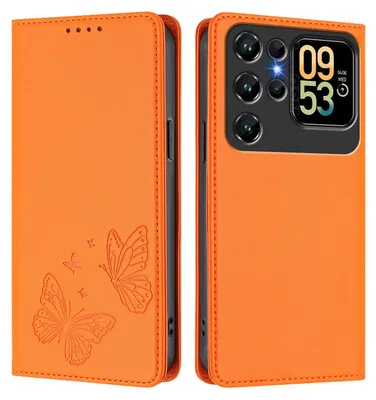 Produktbild von Lederhülle für Oukitel C62 / C62 Pro, Schmetterling Prägung Leder Brieftasche Schutzhülle mit Ständer Orange