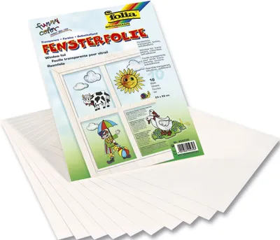 A package of window foil with illustrations of children's drawings on it, with several sheets of the foil fanned out in the foreground.