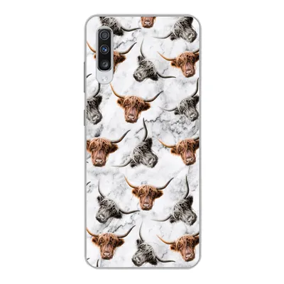 Produktbild von MuchoWow® Handyhülle Schutzhülle Hülle für Samsung Galaxy A70 Schottischer Highlander - Kuh - Marmor Silikon Softcase Handy Hülle - Schutzhaube