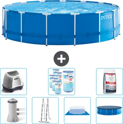 Produktbild von Intex Rundrahmen-Schwimmbecken – 457 x 122 cm – Blau – inklusive Pumpe – Leiter – Bodenplane – Abdeckung Salzwassersystem - Filter - Poolsalz