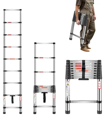 Zdjęcie produktu dla Drabina teleskopowa VEVOR, długość 254 cm, stal nierdzewna, składana, o udźwigu 150 kg (75°) i antypoślizgowych stopkach, przenośna, 9-stopniowa drabina do domu, kampera, strychu