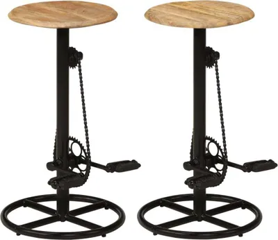 Two bar stools with wooden seats and black metal bases designed to look like bicycle parts.