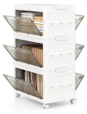 Produktbild von Kunststoff-Aufbewahrungsboxen, 126 l, stapelbare 3-stöckige Boxen mit Rollen und Deckel, faltbarer Organizer für Wohnzimmer, Schlafzimmer, Büro und Schlafsaal