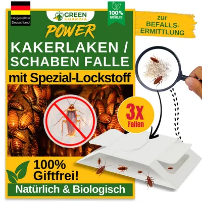 Marketing image for a cockroach trap, showing the product, its features, and benefits.