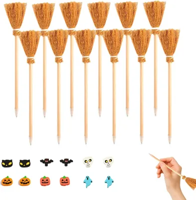 Produktbild von Hexen Besen Bleistift Set, 12 Bleistifte, 12 Radiergummis, 6 Verschiedene Stile, fuer Halloween Dekoration
