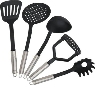 Produktbild von Fackelmann Küchenhelfer-Set OVALGRIFF, Kochbesteck für beschichtete Pfannen und Töpfe, Kochzubehör aus hochwertigem Edelstahl und Kunststoff (Farbe: Silber/Schwarz), Menge: 1 x 6er Set