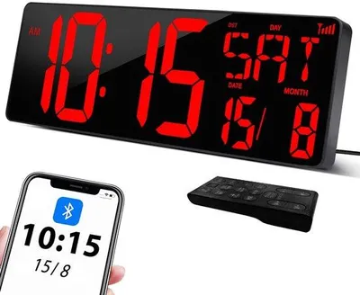 Obrázek produktu pro Velké digitální nástěnné hodiny, 17 palců, Bluetooth, automatické nastavení času, nastavitelný podsvícení a hlasitost, digitální nástěnné hodiny, do obývacího pokoje, kuchyně, učebny