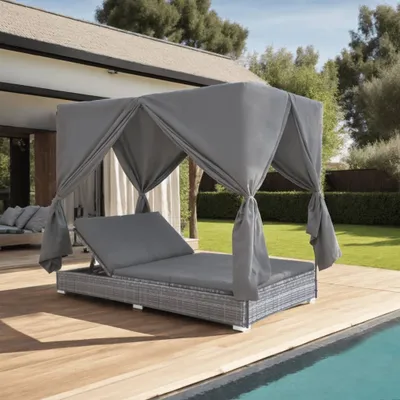 Produktbild von Outdoor-Lounge-Bett mit Vorhängen Poly Rattan Grau