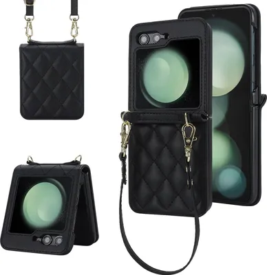 Immagine prodotto di Per Samsung Galaxy Z Flip7 Design Cover Protettiva Texture Rombo con Cordini Nero