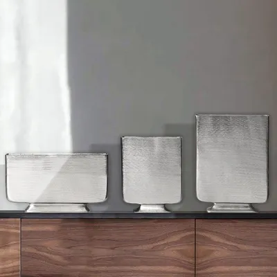 Produktbild von FineBuy Deko Vase 3er Set Aluminium Silber Blumenvase Modern Dekovase Eckig 3-teilig für Blumen Alu Tischvase Wohndeko Metall Tischdeko Handgefertigt
