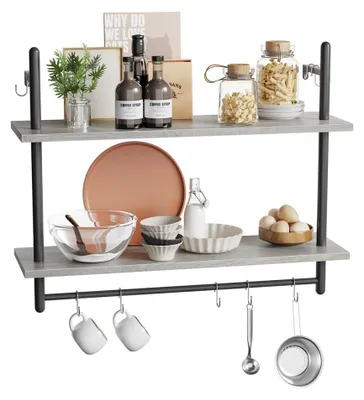 Schwebendes Rohrregal 80 cm, Wandregal mit Haken, Holz, grau