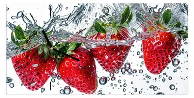 Produktbild von Wanduhr aus Glas mit Motiv Erdbeeren im Wasser- 60 x 30 cm - inkl. Aufhängesystem