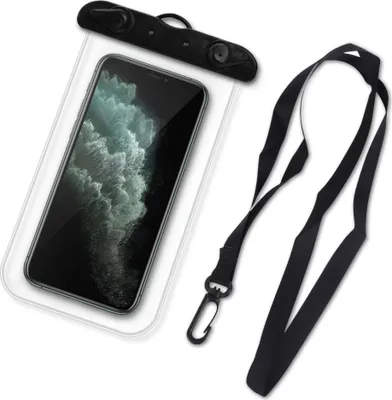 A waterproof phone case with a phone inside and a lanyard.