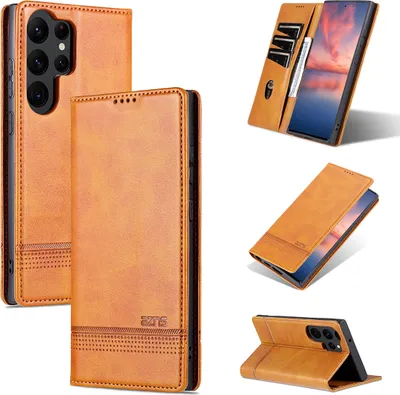 Produktbild von Galaxy S23 Ultra Leder Hülle, Klapphüllen Brieftasche Magnetverschluss Ständer Schutzhülle für Samsung Galaxy S23 Ultra Braun