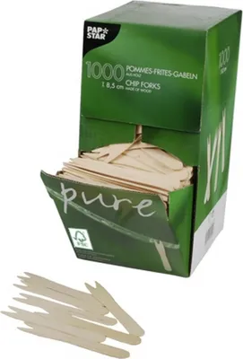 Produktbild von PAPSTAR Pommes-Frites-Gabeln aus  Holz "pure" 8,5 cm | Spenderkarton (1000 Stück)