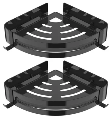 Immagine prodotto di Set da 2 mensole da doccia senza foratura, colore nero, acciaio inossidabile 304, mensole angolari con ganci, dimensioni 28x21x4,5 cm