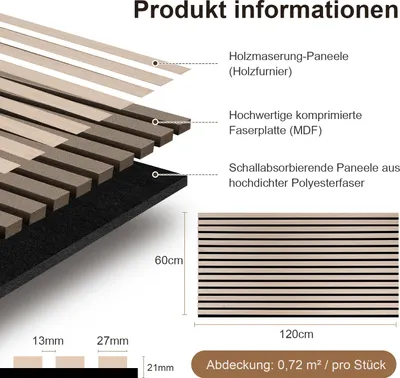 Obrázek produktu pro Bettizia 2 kusy samolepicí akustický panel stěnový panel moderní stěnové panely akustické dřevěné stěny dřevěné MDF stěnové panely 120x60x2,1cm barva dubového dřeva
