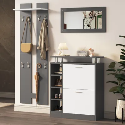 Produktbild von MODFU Wandgarderoben-Set 80 x 25 x 96.5 cm, inkl. Spiegel, 2 Wandpaneelen, einer Regalwand und einem Schuhschrank, Flurmöbel, Flurtrockenständer, Flurgarderobe, Schuhwechsler-Set, grau