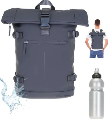 Produktbild von Rucksack Herren Roll Top Kurierrucksack Laptoprucksack New Rebels William groß A4 Geheimfach Anti-Theft Freizeitrucksack 511306 38 Grau Asphalt Grey + Trinkflasche bagboom