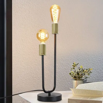 Image de ZMH Lampe de table Vintage Lampe de chevet 2 flammes E27 Noir-Doré Lampe de bureau industrielle Métal rétro pour salon Chambre à coucher Table à manger Hôtel