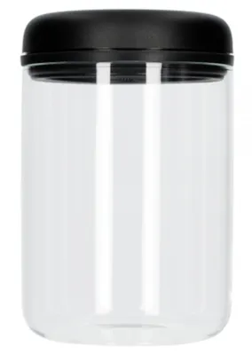 A clear, professional studio shot of a glass storage container with a black lid.