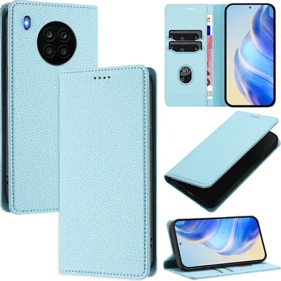 Produktbild von Litchi Leder Handyhülle für Huawei Nova 8i/Honor 50 Lite Wallet Kartenfächer Standfunktion Hülle Hellblau