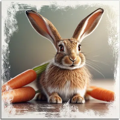 Produktbild von Kunstdrucke Wandbilder Holz in : Brillante Farben, Größe 50 x 50 cm Motiv Flauschiger Hase mit Möhren