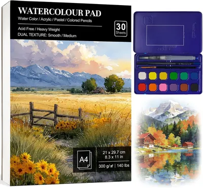 Zdjęcie produktu dla Blok akwarelowy A4, 30 arkuszy papieru akwarelowego, 300 g/m², w zestawie z farbami