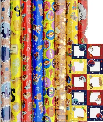 Produktbild von Sinterklaas Geschenkpapier - 2 Meter x 70 cm - 8 Rollen inklusive Etiketten