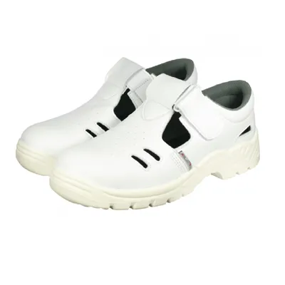 A pair of white safety sandals is shown against a white background.