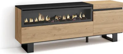 A modern entertainment unit with a built-in fireplace, finished in a wood tone and black.
