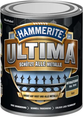 Produktbild von Hammerite Metallschutzlack Ultima Matt, Hochwertiger Schutzlack für alle Metalle im Außenbereich, Anthrazitgrau, RAL 7016, 750 ml