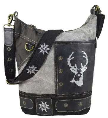 Produktbild von Domelo Damen Hobo Trachtentasche. Grau/schwarz Canvas Umhängetasche