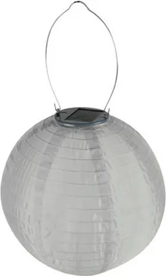 A white solar garden lantern is shown against a white background.