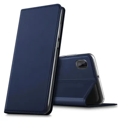 A dark blue flip case for a smartphone is shown in a studio setting against a white background. The case is partially open, revealing the phone inside.