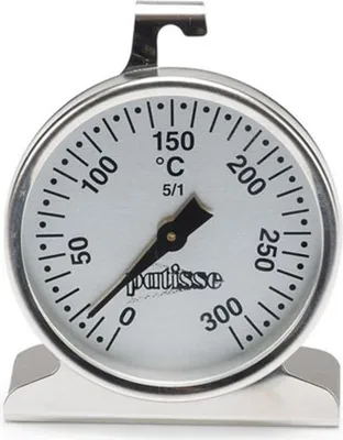 A close-up studio shot of a stainless steel oven thermometer.