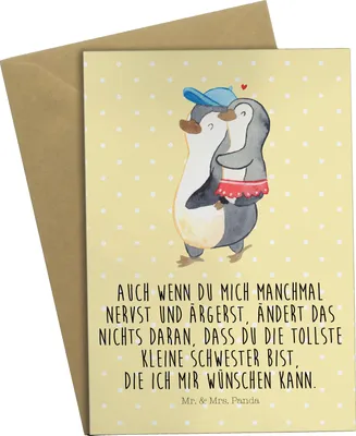 Produktbild von Mr. & Mrs. Panda valentinstagskarte Pinguin Kleine Schwester - Gelb Pastell - Geschenk, weihnachtskarten, Sis, Muttertag, Geschwisterliebe, einladungskarten, babykarte